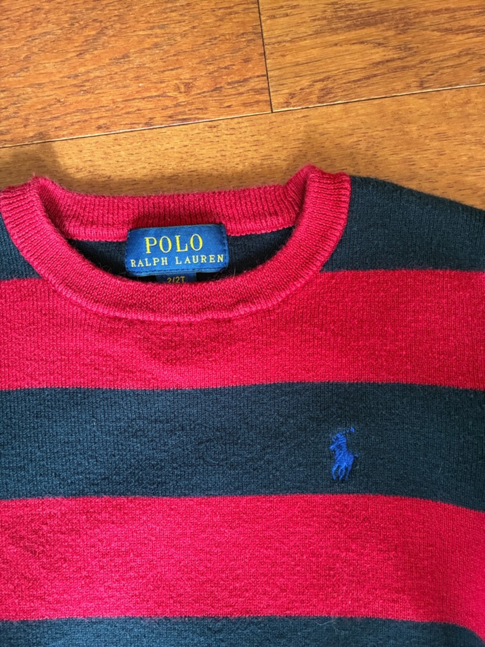 Polo by Ralph Lauren Red and Navy Striped Crewneck Sweater - Kids 2T - Picture 2 of 5